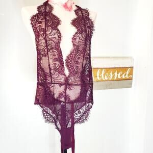 NWT Free People Show Off Fig Purple Sheer Lace Halter Bodysuit S